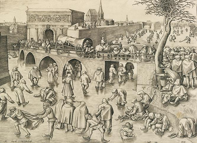 ピーテル・ブリューゲル１世、彫版：フランス・ハイス《アントウェルペンのシント・ヨーリス門前のスケート滑り》1558年頃　凍った運河でスケートやホッケーに興じる人々。みんな楽しそうでつい仲間に入りたくなる。
Museum BVB, Rotterdam, the Netherlands