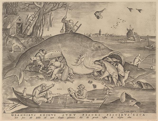 ピーテル・ブリューゲル１世、彫版：ピーテル・ファン・デル・ヘイデン《大きな魚は小さな魚を食う》1557年　画面左の歩く魚や中央上の空を飛ぶ魚はボスのモンスターから着想したと思われる。弱肉強食を皮肉なタッチで描いた版画。　Museum BVB, Rotterdam, the Netherlands