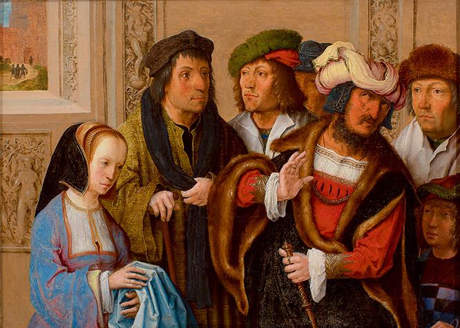 ルカス・ファン・レイデン《ヨセフの衣服を見せるポテパルの妻》1512年頃　ポテパルの妻は夫に、召使いのヨセフに襲われたと訴えるが、実際は妻がヨセフに言い寄った、という話。豪華な服など《バベルの塔》に負けない精密描写に注目。
Museum BVB, Rotterdam, the Netherlands