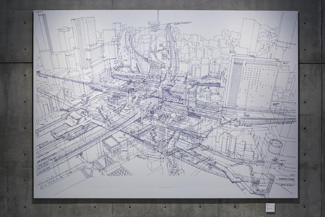 田中智之《渋谷駅解体》。A2サイズの紙に描いたものを10倍以上に拡大している。JR、東急線など複数の鉄道会社が乗り入れる渋谷駅には全体構成を示す図面が存在しないので、現地取材の上、各社のデータをつなぎあわせた。