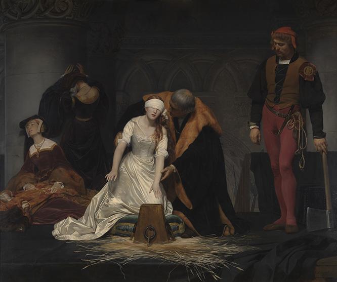 ポール・ドラローシュ 《レディ・ジェーン・グレイの処刑》（1833年油彩・カンヴァス ロンドン・ナショナル・ギャラリー蔵）Paul Delaroche, The Execution of Lady Jane Grey, （c）The National Gallery, London. Bequeathed by the Second Lord Cheylesmore, 1902　『怖い絵』シリーズの表紙になった絵の中で唯一、日本で展示されたことがなかった。大きすぎて館によっては入り口を通れないこともあるそう。　