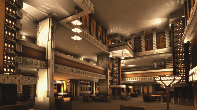 最新のVR技術で再現された〈帝国ホテル旧本館「ライト館」〉の1階ロビー。