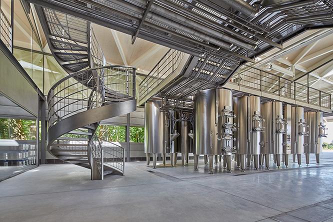新セラーの中。現代のワイン醸造の技術的要件に対応した、現代的な構造が特徴。(c) Saison d Or Mathieu Anglada