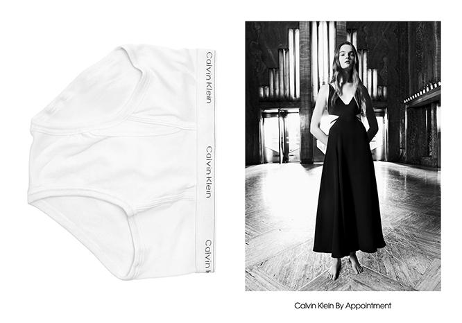 メイド・トゥ・メジャーライン《Calvin Klein By Appointment》の広告ビジュアルはドレスにブランドのアイコニックな下着を組み合わせるという斬新なもの。