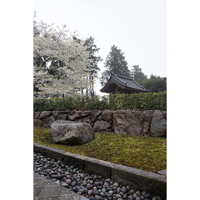 〈江之浦測候所〉明月院と五条大橋礎石。鎌倉にある明月院の正門として室町時代に建てられた《明月門》を再建。近年は根津美術館正門として使用されていたが、建て替えに伴い、2006年、根津美術館より小田原文化財団へと寄贈されたもの。