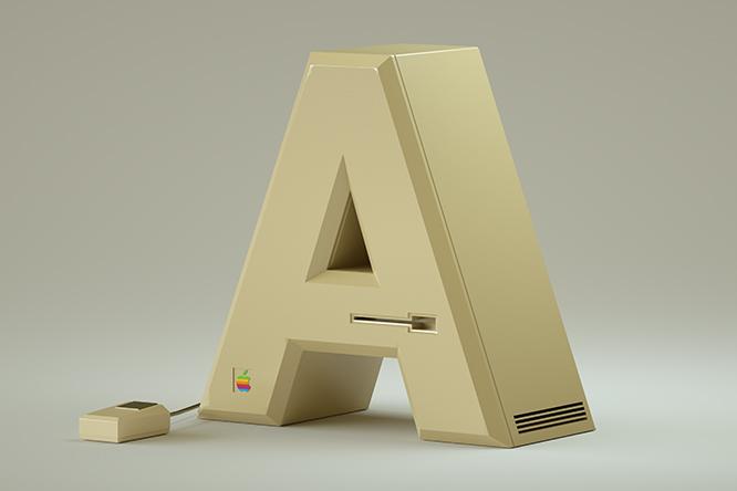 アップル社の初期製品のデザインエッセンスを詰め込んで作られたフォント「A」。3Dデータでベースのフォントを作り、その表面を飾っていくグラフィックアート。