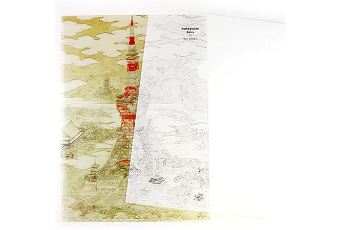 東京タワーが増上寺の仏塔であるという設定のもとで書かれた《芝大塔建立乃圖》のクリアファイル。紙を挟むことで線が消えたり現れたりする違いを楽しむことができる。453円。