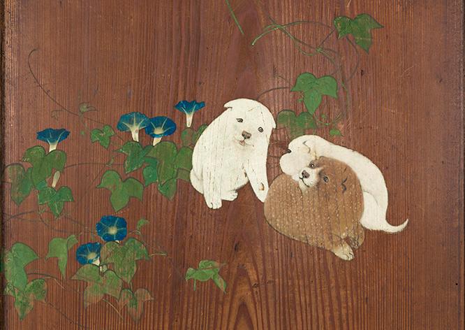 円山応挙《朝顔狗子図杉戸》（部分／1784年、東京国立博物館蔵）。杉の戸に犬と朝顔だけが描かれている。