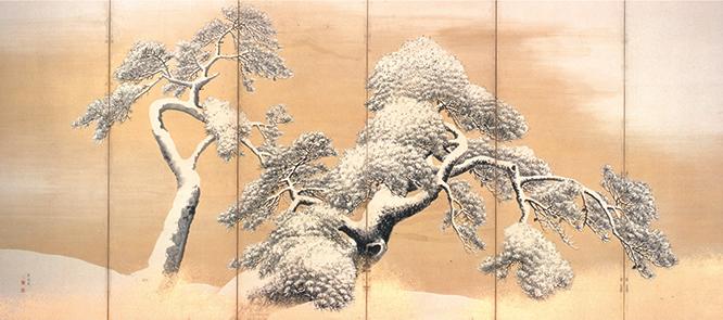 国宝《雪松図屏風》 6曲1双 円山応挙 筆（左隻／江戸時代・18世紀）北三井家旧蔵。松の葉に積もる雪は、葉を描かないことで表現されている。