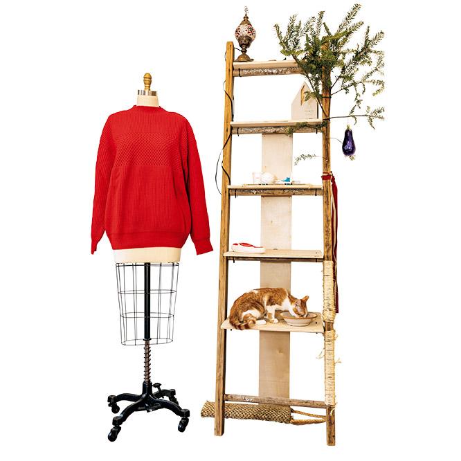 隈さんによるNYでの初作品でその名も《キャット・ラダー（2017）》。ペンシルベニアで見つけたヴィンテージの梯子を使用。高井さん作の赤いセーターとともに。
