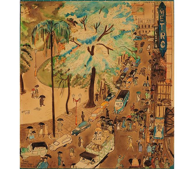 ユーモラスなタッチで描かれたリオ・デ・ジャネイロの渋滞した町並み（1946年）。(c) Instituto Lina Bo e P. M. Bardi