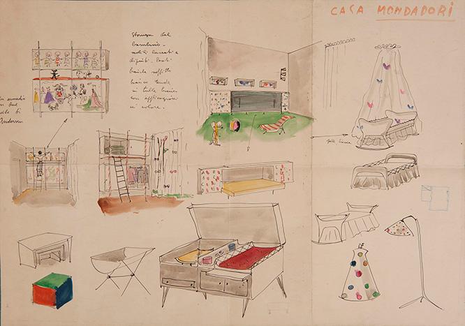 モンダドーリの家のインテリア・デザインのためのスタディ・スケッチ。
ゆりかごから子供用の家具、テキスタイルの柄までもが緻密に描かれている（1945年）。(c) Instituto Lina Bo e P. M. Bardi