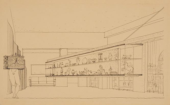 とある展示計画のスケッチ(1940年)。家具の浮遊感を表現しようとしただけでなく、展示物ひとつひとつを正確に把握し理解していた様子が伺える。(c) Instituto Lina Bo e P. M. Bardi