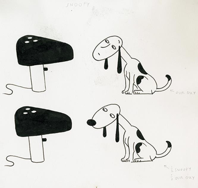 モチーフは、じ、人面犬ー!? 1997年にMoMAにて開催されましたカスティリオーニさま展覧会の際に作品と一緒に展示されましたつうイラストレーター、グアルナッチャさまによりますイメージ画。人面犬も巨匠のお墨付き!?　photo_©Fondazione Achille Castiglioni
