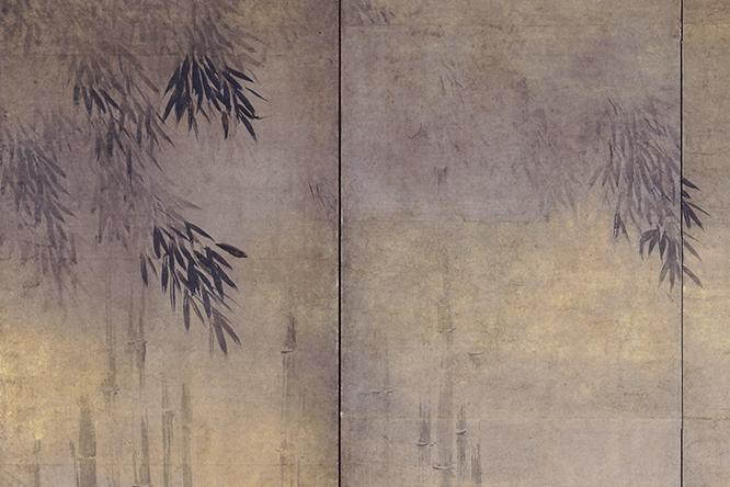 長谷川等伯《竹林猿猴図屏風》（左隻部分）。湿った空気に煙る竹の葉の描写も素晴らしい。この湿った空気感は後に彼の最高傑作《松林図屏風》となって結実する。