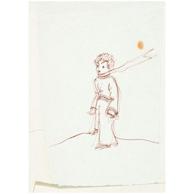 会場に展示されている、貴重な原画類より。『スカーフを風になびかせて砂漠に立つ星の王子さま』（鉛筆画／日付無しのドローイング、複製）　Le Petit Prince(R) The Little Prince(R) (C)Antoine de Saint Exupery Estate. Licensed by LPP612.