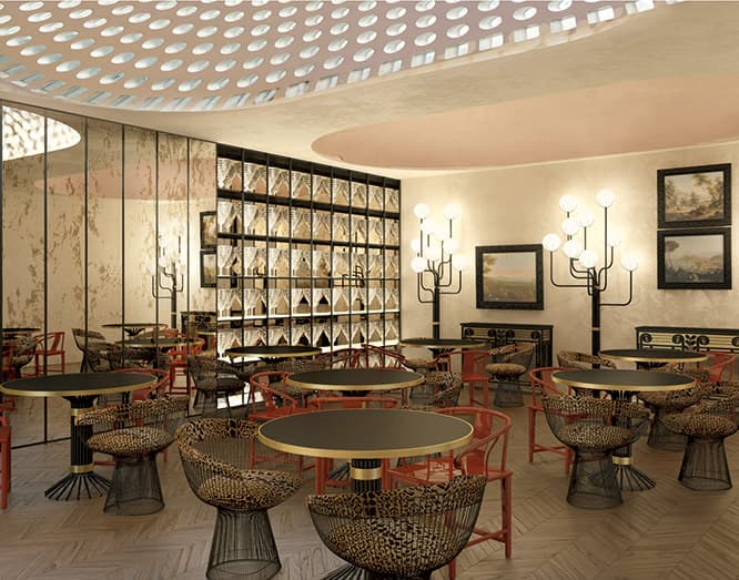 ガラス瓶の底をはめ込んだ楕円天井による光の効果がタイムスリップ感を誘うラウンジにウォーレン・プラットナーのラウンジチェアを配した。