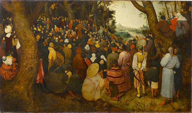 《洗礼者聖ヨハネの説教》1566年　中央やや左上に描かれた聖ヨハネを囲んで、当時国際商業都市として栄えたアントワープにやってきた商人や旅行者、農民、傭兵、聖職者など200人ほどの人物が描かれる。熱心に耳を傾ける者からあくびをしている人まで、聴衆の反応もさまざまだ。　油彩　ブダペスト　個人蔵 (c) IRPA 