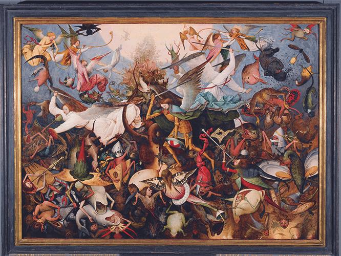 《反逆天使の転落》1562年　大天使ミカエル率いる天使軍団が堕天使たちを全滅させるという主題。最低でも50頭の怪物や悪魔はどれも個性豊か。人体や虫、は虫類の一部や楽器を組み合わせたユニークな形にはヒエロニムス・ボスや当時流行した博物学の影響が見られる。　油彩 板 ブリュッセル ベルギー王立美術館所蔵 　(c) Royal Museums of Fine Arts of Belgium, Brussels
Photo: Grafisch BuroLefevre, Heule