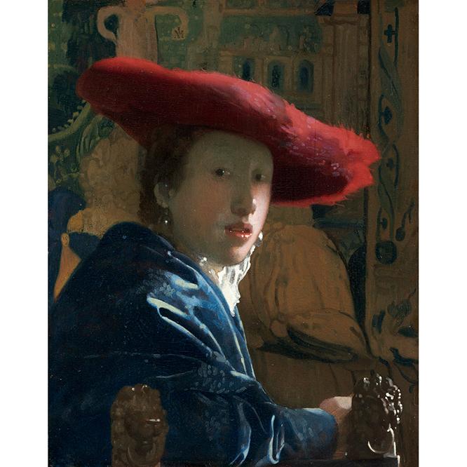 ヨハネス・フェルメール《赤い帽子の娘》1665-1666年頃 ワシントン・ナショナル・ギャラリー National Gallery of Art, Washington, Andrew W. Mellon Collection, 1937.1.53　大きな帽子が特徴的。レンブラントもこのタイプの帽子をかぶる妻サスキアを描いている。※12月20日まで展示
