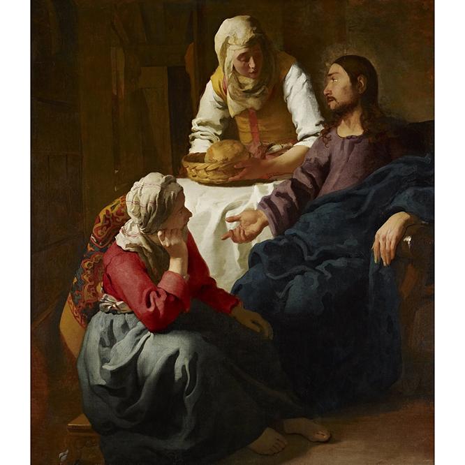 ヨハネス・フェルメール《マルタとマリアの家のキリスト》1654-1655年頃 スコットランド・ナショナル・ギャラリー National Galleries of Scotland, Edinburgh. Presented by the sons of W A Coats in memory of their father 1927　マルタは忙しく給仕しているのに、マリアはキリストの話に聞き入っている。キリストはマリアを指して「マリアは良い方を選んだのだ」という。フェルメールは最初、物語画家（聖書や神話の物語を描く画家）を目指していたが、後に裕福な市民の間で人気があった風俗画へと方向を変えた。　