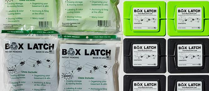Box Latch Plastic latch green　段ボールの蓋を閉じる際にスライドさせて挟み込むことで、ガムテープを使用せずに封をすることができる〈ボックス・ラッチ〉。