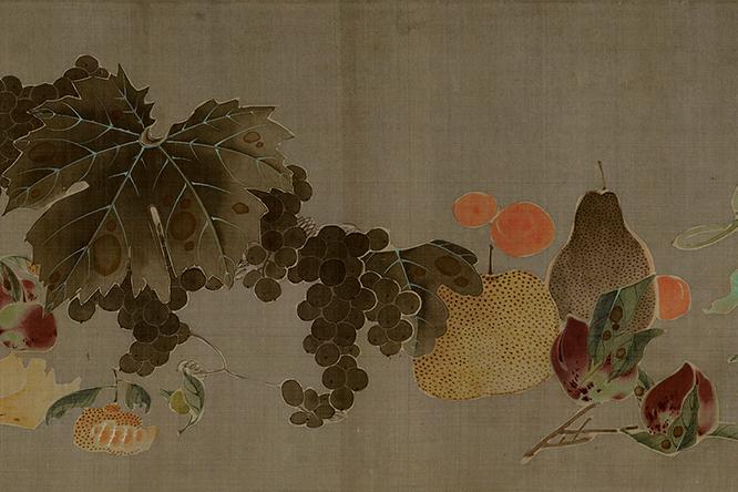 重要文化財《菜蟲譜》（部分）伊藤若冲、江戸・寛政2年（1790）頃。佐野市立吉澤記念美術館所蔵。※展示期間中、巻き替えあり。