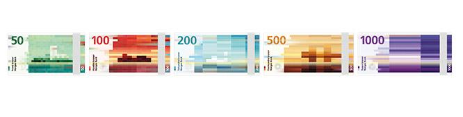 これがスノヘッタ紙幣です！ノルウェーは欧州で最も海岸線の長い国。額面が上がるにつれて、描かれた風がどんどん強くなるように見える！　5種類それぞれ色やサイズが異なる。現在4種類が流通しており、2019年に最後の1000クローネが発行予定。