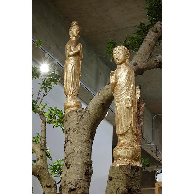 《逹仏―仏陀は生きている〈三尊仏〉》（2020、ヤマモモ）。熊本県・津奈木町では、森に生えている木に仏像を彫った〈逹仏〉が全33体、常設展示されている。