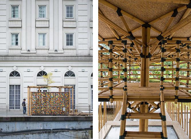 建築家 エレーナ・ジェミールが手がけた〈WUF09KL Bamboo Pavilion〉2018年（左）と〈Bamboo Playhouse〉2015年（右〕。© Eleena Jamil Architect