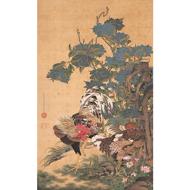 伊藤若冲《紫陽花双鶏図》。絹本着色、一幅、139.4×85.1cm、米国・エツコ＆ジョー・プライスコレクション 。