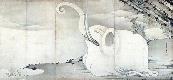 伊藤若冲《象と鯨図屏風》（右隻）。陸と海でもっとも大きな動物の対決のような屛風。紙本墨画 六曲一双　159.4×354.0cm　寛政9年（1797） 滋賀・MIHO MUSEUM 