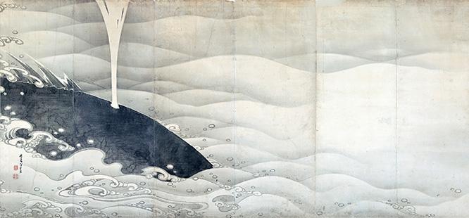 伊藤若冲《象と鯨図屛風》（左隻）。うずくまる白象（右隻）、潮を吹く鯨（左隻）を描く。紙本墨画 六曲一双 　159.4×354.0cm　寛政9年（1797） 滋賀・MIHO MUSEUM 