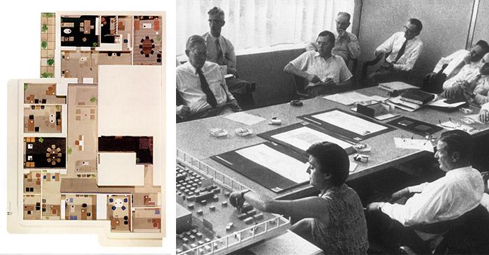 左：Cowles社のオフィスデザインのための模型。右：夫のハンスとともに会議に臨むフローレンス。