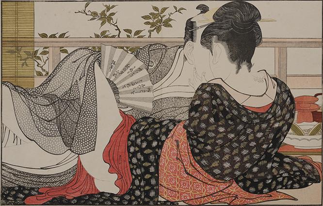 会場に並ぶ春画の中でもピエール・セルネが特に好きだという作品。「よく見ると女性の鬢の下から男性の目がこちらを見据えているのにどきっとさせられます」喜多川歌麿《歌まくら》 天明8年（1788）、浦上満氏蔵。