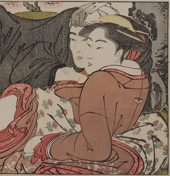 喜多川歌麿《歌まくら》（部分）天明8年（1788）、 浦上満氏蔵。花見の宴を抜け出して楽しむ芸者と男。