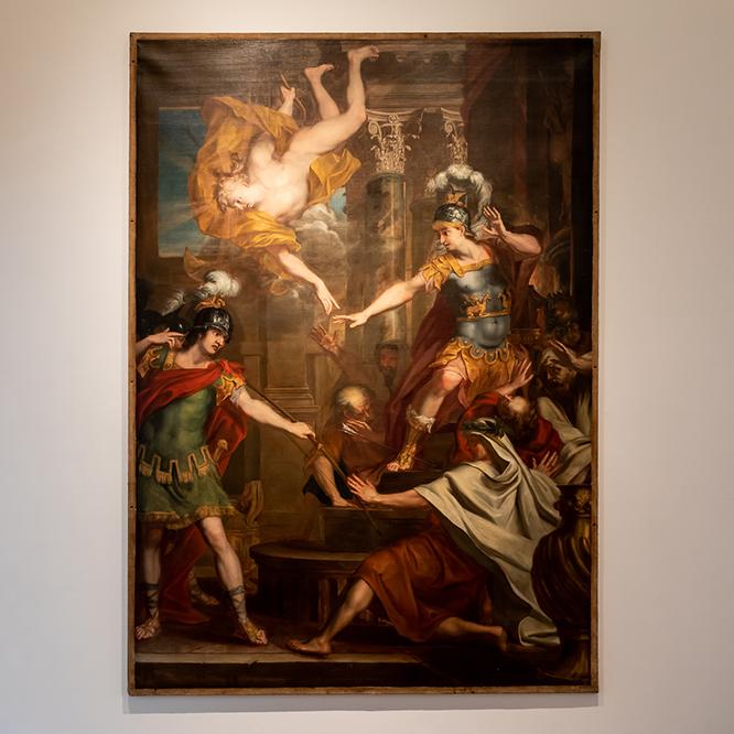 ベルギーに生まれオランダで活躍した画家エラルート・デ・ライレッセ（1640～1711）の《パリスとアポロがアキレスの踵に矢を向け命を狙う》。