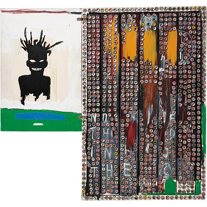 ジャン＝ミシェル・バスキア  Self-Portrait, 1985  Acrylic, oilstick, crown cork and bottle caps on wood  141.9 x 153 x 14.9cm  Private Collection Photo: Max Yawney  Artwork © Estate of Jean-Michel Basquiat.  Licensed by Artestar, New York