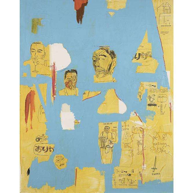 ジャン＝ミシェル・バスキア  Plastic Sax, 1984  Acrylic, oilstick, xerox copies and collage on canvas  152.4 x 123.2 cm  Collection agnès b.  Artwork © Estate of Jean-Michel Basquiat.  Licensed by Artestar, New York