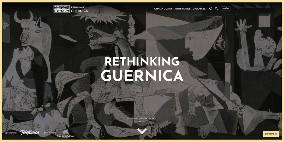 「ゲルニカ再考」プロジェクトのタイトルページ。概要ストーリーの他、年表、巡回マップ、ギガピクセル画像が楽しめる。