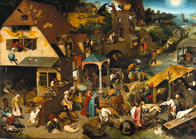 《ネーデルラントのことわざ》1559年　およそ80人の人々が100近い諺を表現する。「豚に薔薇を撒く」（猫に小判）、「一打で二匹の蝿をつぶす」（一石二鳥）など、日本人にも親しみが持てる諺も多い。　油彩 板 ベルリン 国立絵画館所蔵　(c) Gemaldegalerie der Staatlichen Museen zu Berlin - Preusischer Kulturbesitz,
Photo:Jorg P. Anders