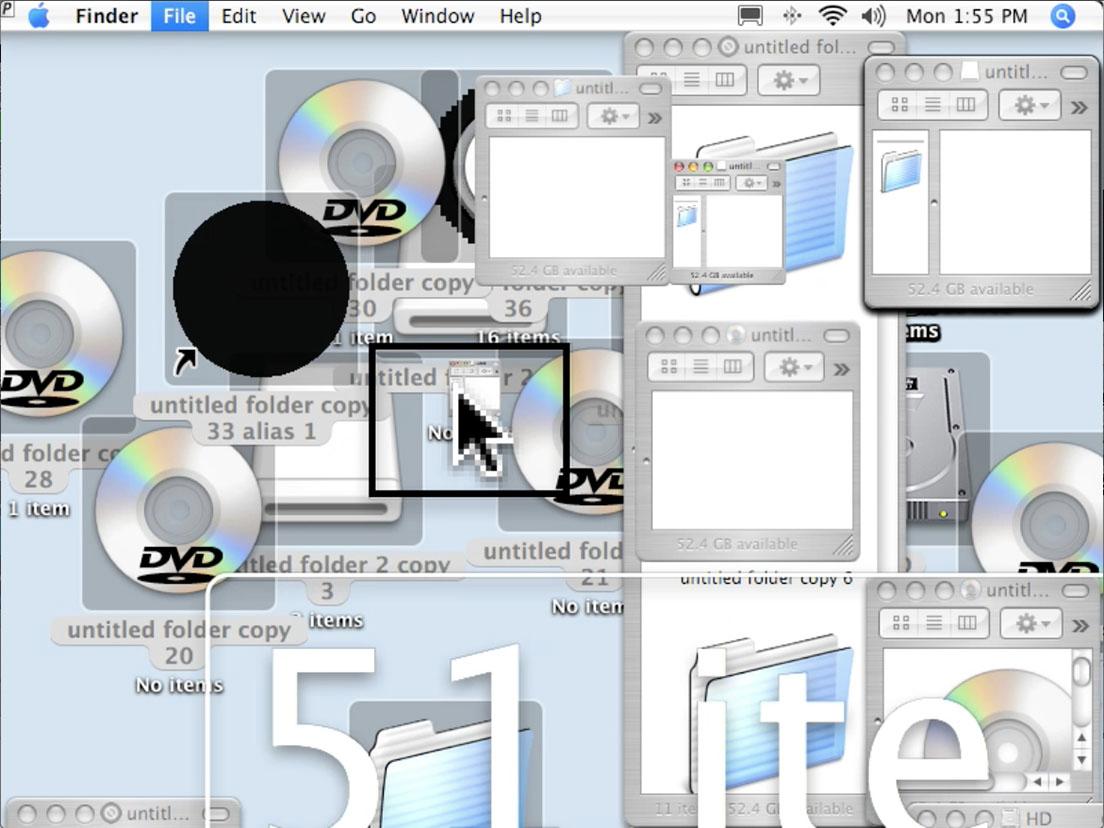 JODI《My%Desktop OSX 10.4.7》2006年、作家蔵。デスクトップ上に現れた複数のフォルダやファイル、ウィンドウを題材にしている。