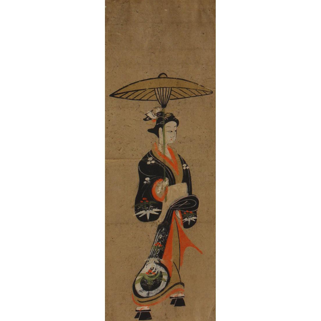 《傘さす女》笠間日動美術館蔵。粋な美人画。岸田劉生が《初期肉筆浮世絵》（1926年）にてカラー1Pを使って紹介した名品。