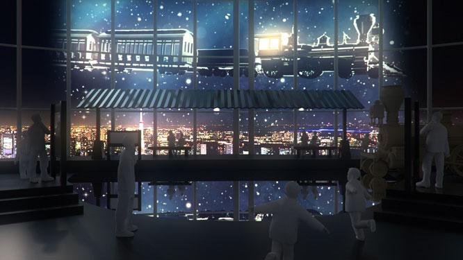 WOWによる「天空駅インスタレーション」では、夜になると空を鉄道が飛ぶような幻想的な光景が。
