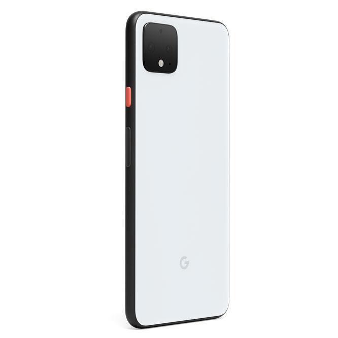 《Google Pixel 4》Clearly Whiteカラー。こちらは黒いフレームにオレンジのボタン。