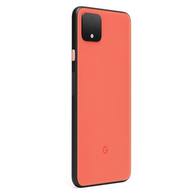 《Google Pixel 4》Oh So Orangeカラー（限定色）。オレンジの筐体に黒いフレーム、そこにピンクのボタンという小粋なカラーリングだ。64GB／89,980円、128GB／103,950円（すべて税込み）。