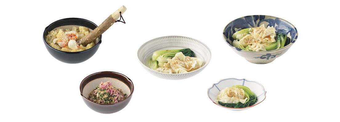 鉢に料理を盛り付けた写真の展示も。食卓に並んだ際の印象もイメージしやすい。