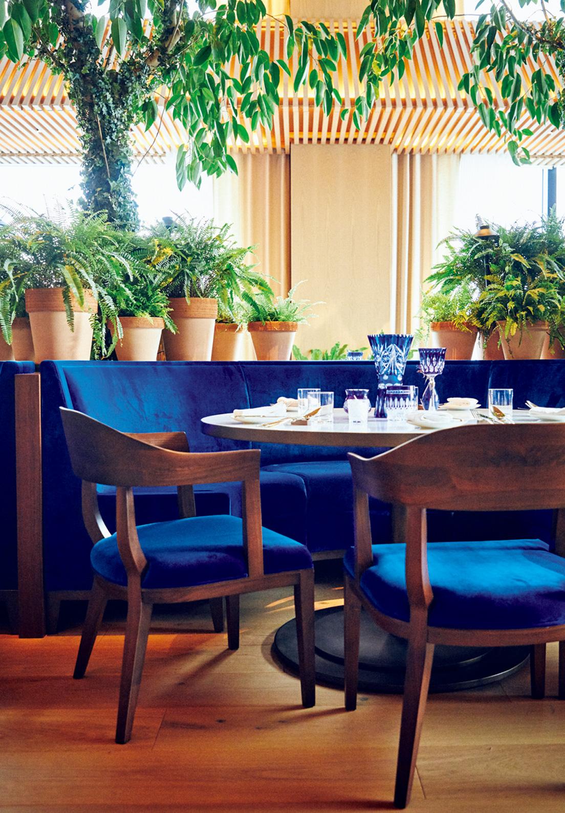ロビーにつながる〈The Blue Room〉はブレックファースト、ランチ、ディナーが楽しめるレストラン。インテリアに用いられたインターナショナル・クラインブルーが印象的。photo_Masanori Kaneshita