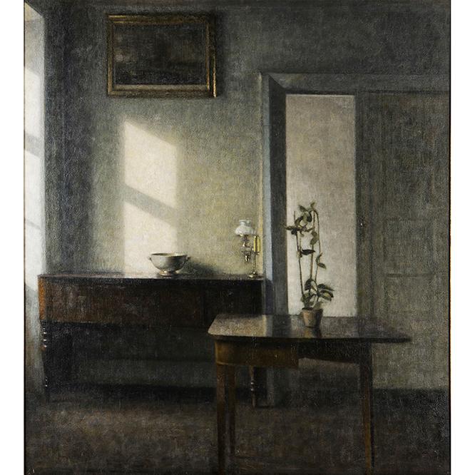 ヴィルヘルム・ハマスホイ《カード・テーブルと鉢植えのある室内、ブレズゲーゼ25番地》1910-11年　マルムー美術館蔵。　Malmö Art Museum, Sweden
