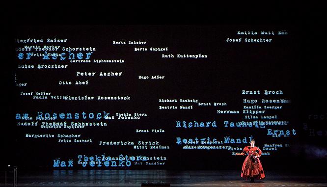 ホロコーストで亡くなったユダヤ人の名がスクリーンに表れる。　©Wiener Staatsoper / Michael Pöhn
